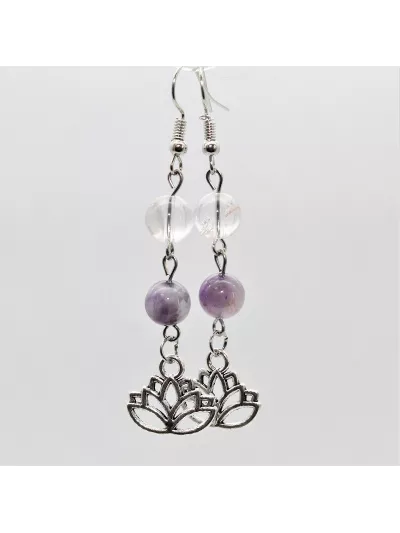 Boucles d'oreilles Améthyste Cristal de roche Lotus - Vertus, Bienf...