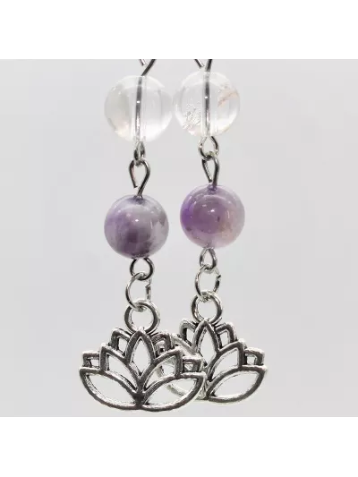 Boucles d'oreilles Améthyste Cristal de roche Lotus - Vertus, Bienf...