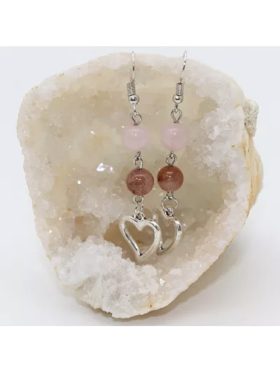 Boucles d'oreilles Quartz Rose Quartz Fraise Coeur - Vertus, Bienfa...