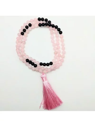 Mala 108 perles naturelles Quartz Rose, Agate Noire - Gaiance Minéraux