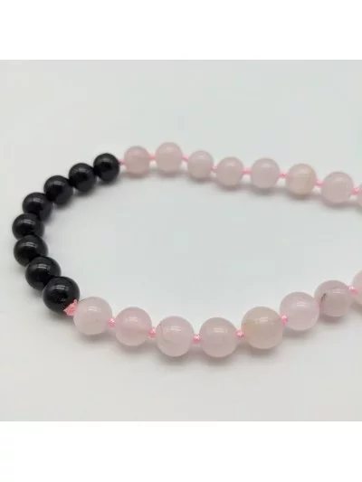 Mala 108 perles naturelles Quartz Rose, Agate Noire - Gaiance Minéraux