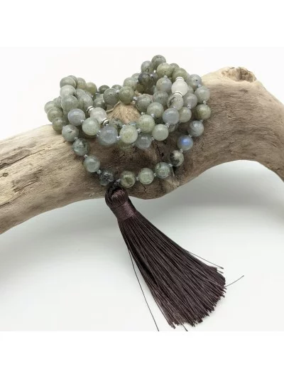 Mala 108 perles naturelles Labradorite Jade Blanc Gaiance Minéraux