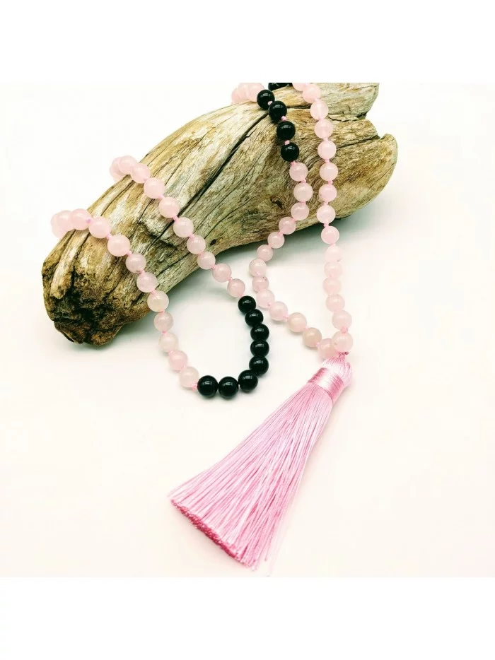 Mala 108 perles naturelles Quartz Rose, Agate Noire - Gaiance Minéraux